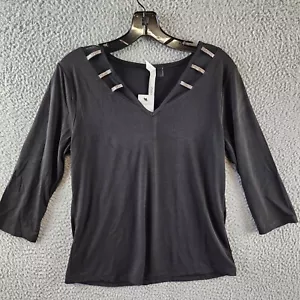 NY Collection Petite 3/4 Sleeve Top Women's PM Black Illusion Neckline W/ Stone - Picture 1 of 12