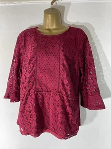womens Oasis XL Large Berry Red 3/4 Sleeve Lace Overlay Occasion Shirt blouse - Picture 1 of 4