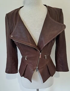 KAREN MILLEN - Dark Brown 100% Real Leather Peplum Waist Zip Up Jacket - Size 10 - Picture 1 of 19