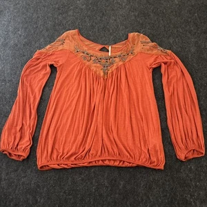 Free People Med Rust Orange Top Beaded Flowy Elastic Waist Boho Hippie Bamboo Sm - Picture 1 of 18
