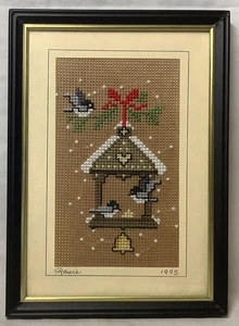 Vintage Framed Matted Completed Cross Stitch Chickadees In Birdhouse Snow - Picture 1 of 3