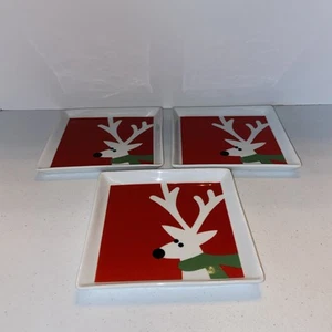 CRATE & BARREL Square Christmas Reindeer Snack/Appetizer Plates Holiday Set of 3 - Picture 1 of 8