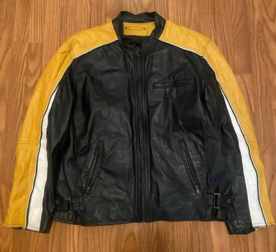 Chaqueta de moto de cuero pequeña vintage Max Rider para hombre Y2k amarilla negra genuina  Foto 1 de 4