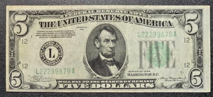 1934 $5 Dollar Bill Green Seal Federal Reserve Note - Miscut #879A - Picture 1 of 6
