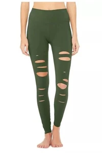 Alo Yoga High Waisted Ripped Warrior Legging Hunter Green Pants Sz S Athleisure - Picture 1 of 11