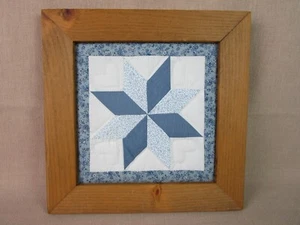 Vintage Amish Hand Stitched 8 Point Star Quilted Square in Wooden Frame, Blue - Picture 1 of 7
