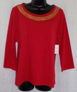 Liz Claiborne Stricktop Größe L Neu mit Etikett rot mit goldenen Brads Baumwollmischung 3/4 Ärmel - Bild 1 von 12
