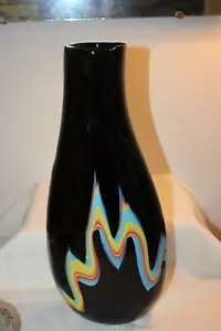 ART GLASS VASE Hand Blown 16" ~ Black w/ Yellow, Orange & Blue ~ EUC - Picture 1 of 6