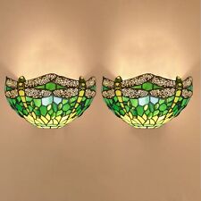 Pair Dragonfly Style Tiffany Night Wall Lights 12" Green Shade Stained Glass UK