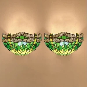 Pair Dragonfly Style Tiffany Night Wall Lights 12" Green Shade Stained Glass UK - Picture 1 of 12