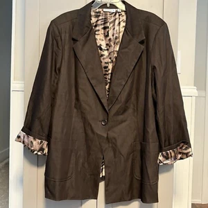 Susan Graver Brown Blazer Jacket Size 3X Pockets Button Lined Leopard Jacket EUC - Picture 1 of 12
