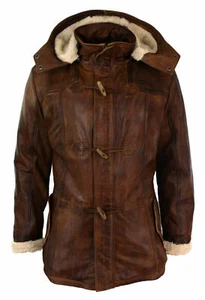 Chaqueta de Cuero Genuino Largo con Abrigo de Lona Marrón con Capucha para Hombre - Imagen 1 de 6