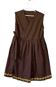 Handmade Prairie School Girls 6 Brown Wrap Apron Dress w Gold Trim - Picture 1 of 4