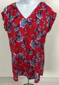 Express Womens Top Size SP Red w Blue White Flowers Short Sleeves V neck Blouse - Picture 1 of 14