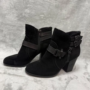 Gianni Bini Black Suede Leather Ankle Booties Buckle Heeled Boots Womens 7.5 - Picture 1 of 8