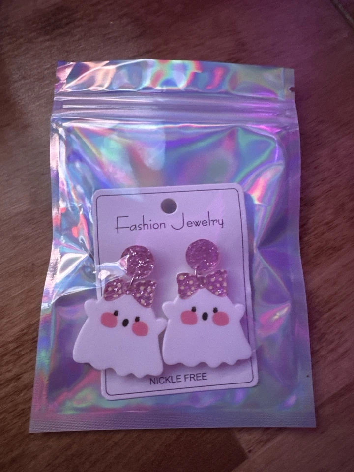 Brincos fofos rosa glitter fantasma – Brincos pendurados de Halloween – Sem níquel - Imagem 1 de 3