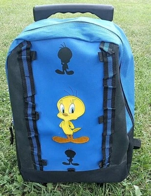 Mochila vintage Looney Tunes Piolín Pájaro 2001 negra y azul sobre ruedas Foto 1 de 4
