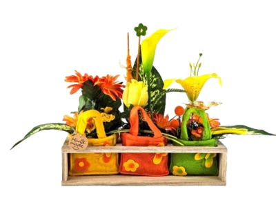 Gestecke 3 Stück in Holzbox Gelb Grün Orange Kunstblumen  Filztaschen Dekoration - Bild 1 von 4