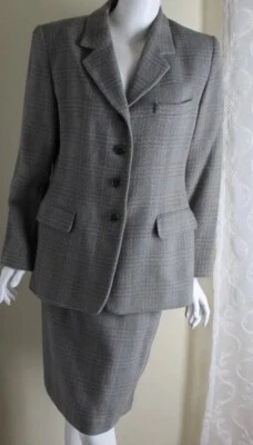 Ellen Tracy Sz 14 / 16 XL Classic Elegant Rich  Woven Gray Wool Plaid Skirt Suit - Image 1 of 4