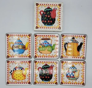Mary Engelbreit Set of 6 TEAPOT Coasters Original Box Taiwan EX COND Cork Backed - Picture 1 of 5