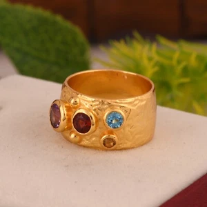 Wide Thick Band Gemstone Rings Gold Plated Citrine Amethyst Garnet Topaz Ring - Picture 1 of 8