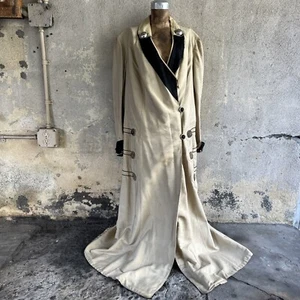 Antique Edwardian Ecru Silk Duster Driving Coat Metal Button Sports Vintage - Picture 1 of 21