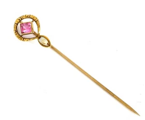 VINTAGE BEAUTIFUL 14K YELLOW GOLD HAT STICK PIN PINK STONE NATURAL PEARL 1.3G - Picture 1 of 3