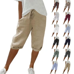 Summer Women's Linen Shorts High Waisted Casual Shorts Solid Color Cropped Pants - Picture 1 of 56