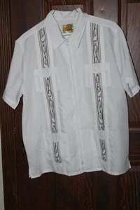 VTG The Genuine Haband Guayabera White and Brown Full Zip Shirt Men’s Large NWOT - Picture 1 of 4