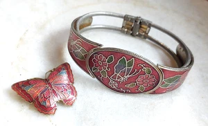 LOTTO SPILLA BRACCIALE FARFALLA CERNIERA METALLO SMALTO METALLO CLOISONNE VINTAGE - Foto 1 di 7