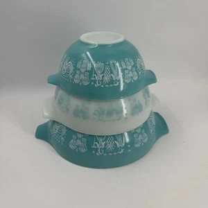 Vtg Set Of 3 Turquoise Pyrex Amish Butter Print Cinderella Nesting Bowls - Picture 1 of 20