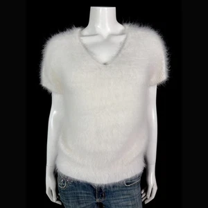 Suéter Pullover 80% Angora Difuso Vintage Blanco Cuello en V Manga Corta 34 en Busto - Imagen 1 de 10