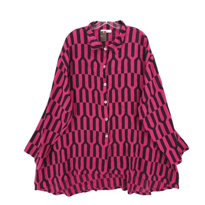 NOVA CAMISA DE LINHO BRYN WALKER rosa fúcsia preta geométrica TAMANHO GRANDE tamanho 1X - Imagem 1 de 4