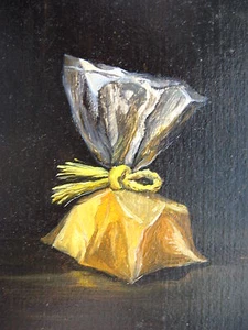 Ölgemälde Stillleben Kunst Leckerli Tasche Geschenk Band Gold Natur 5 x 6,5 cm - Bild 1 von 2