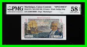 1947-49 Martinique Caisse Centrale 5 Francs Note Pick 27s PMG UNC 58EPQ Specimen - Bild 1 von 4