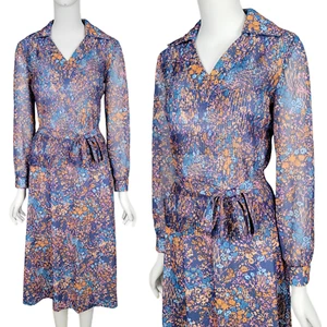 VINTAGE 70s Hal Ferman Women's 2pc Set Blue Print Pleated Top & Skirt Tie Belt - Picture 1 of 17