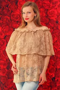 Top Perfina beige spalle scoperte pizzo floreale top elegante blusa estiva collo alto - Foto 1 di 6