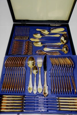 Besteckset in Koffer, Hoogosil Solingen, 23 Karat vergoldet, 18/10, 12 Personen - Bild 1 von 4