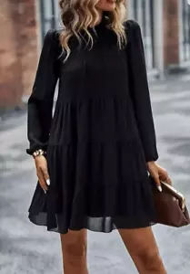 KIRUNDO Size M Black Long Sleeve Ruffle Mock Neck Tiered Mini Dress NWT - Picture 1 of 15