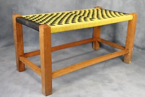 Vintage 1970s Yellow & Black Woven String Top Wood Double Foot Stool Bench Seat - Picture 1 of 5