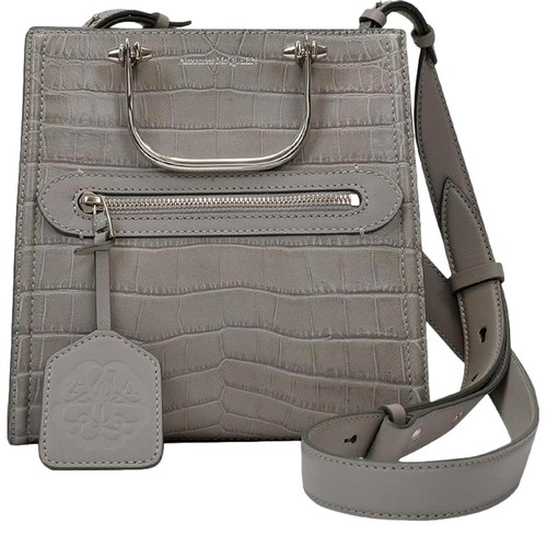 Borsa a tracolla Alexander McQueen The Short Story in pelle con stampa coccodrillo grigia 656471