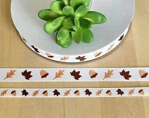 3/8 & 5/8" (1 YD) Fall Grosgrain Ribbon Acorns Thanksgiving Fall Leaves - Picture 1 of 1