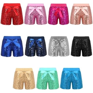 UK Kids Girls Sequins Dance Shorts Bowknot Waist Hot Pant Dancer Dancing Bottoms - Picture 1 of 100