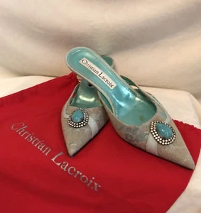 CHRISTIAN LACROIX Turquoise Brocade Rhinestone Slides Mules Shoes, 38.5, 8.5 - Picture 1 of 12