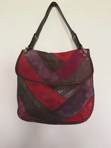 FOSSIL Leather Suede Leather Patchwork Medium Shoulder Bag Reds Browns Vtg - Picture 1 of 14