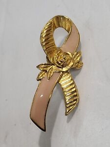 Vintage Avon Pink Ribbon Rose Breast Cancer Awareness Gold Tone Brooch Pin