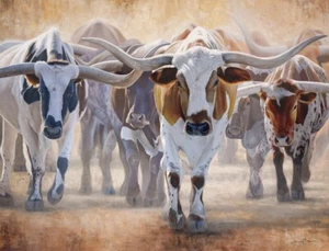 Texas Longhorn Rinder Leinwand signierter Druck - Western Ranch Dekor - Chisholm Trail - Bild 1 von 9