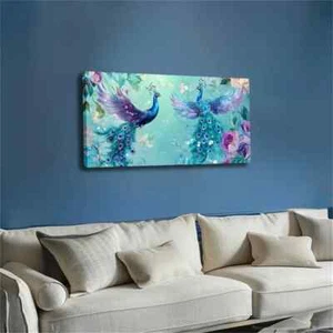 Realistic Two Peacocks Spread Wall Art Canvas Office Home Room Framed 120x60cm - Picture 1 of 2