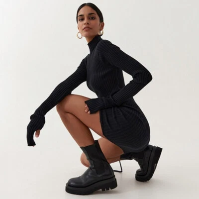 Bodycon Knit Turtleneck Sweater Dress Stretchable Slim Fit Drawstring Ruched - Image 1 of 4