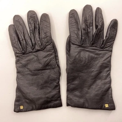 Retro Dark Gray Leather Size 7 Winter Gloves Knit Lined Gold Detail - Image 1 of 4